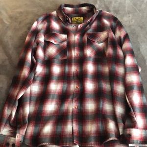 Pre pleat Dixxon flannel. White, red, and black. Size L. Rare.